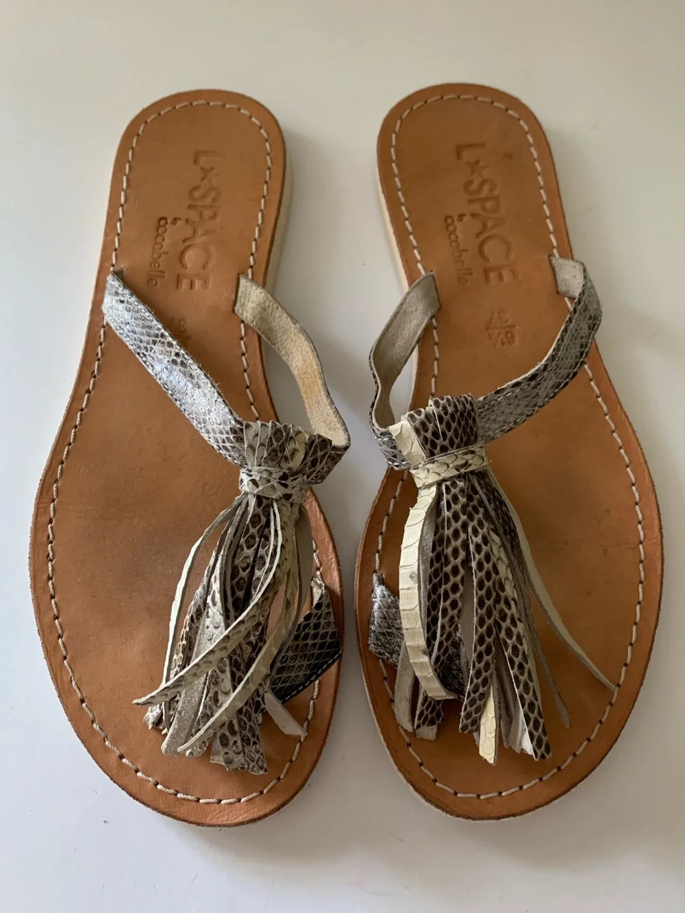L*Space by Cocobelle Leather Fringe Sandal in Natural Animal Print, Snake, 6.5